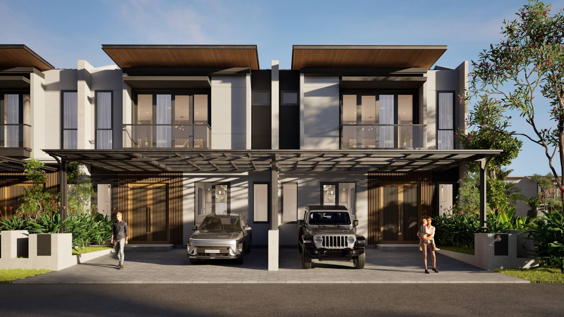 Modern two-story townhomes with a shared carport and two parked SUVs under a glass-covered canopy.