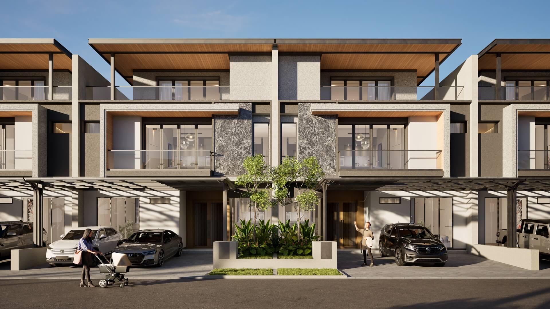 Modern row of contemporary townhomes with wood accents, large windows, and glass balconies; cars parked along a sunny street.