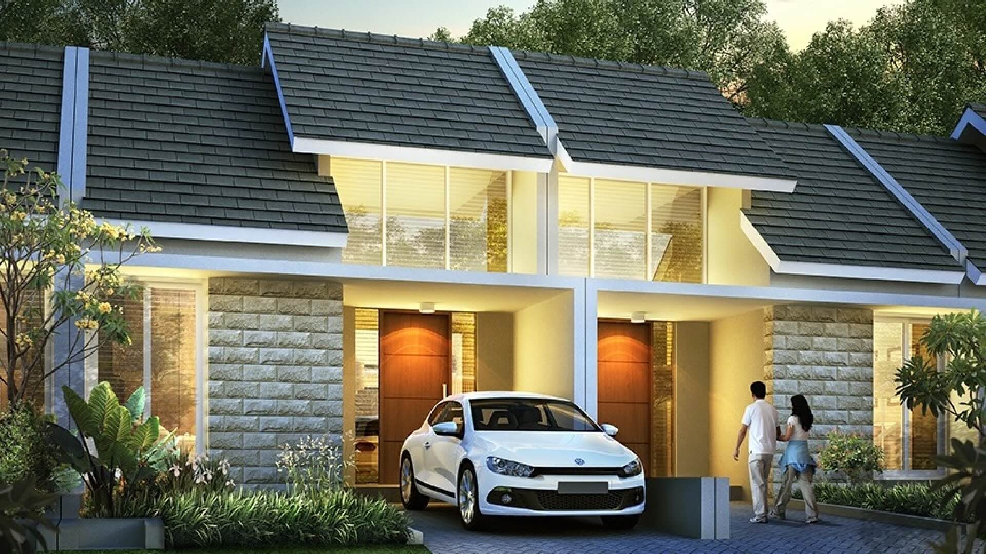 Modern two-story townhouse with a grey tiled roof and large glass windows; a white car is parked in the driveway and a couple approaches the entrance in daylight.