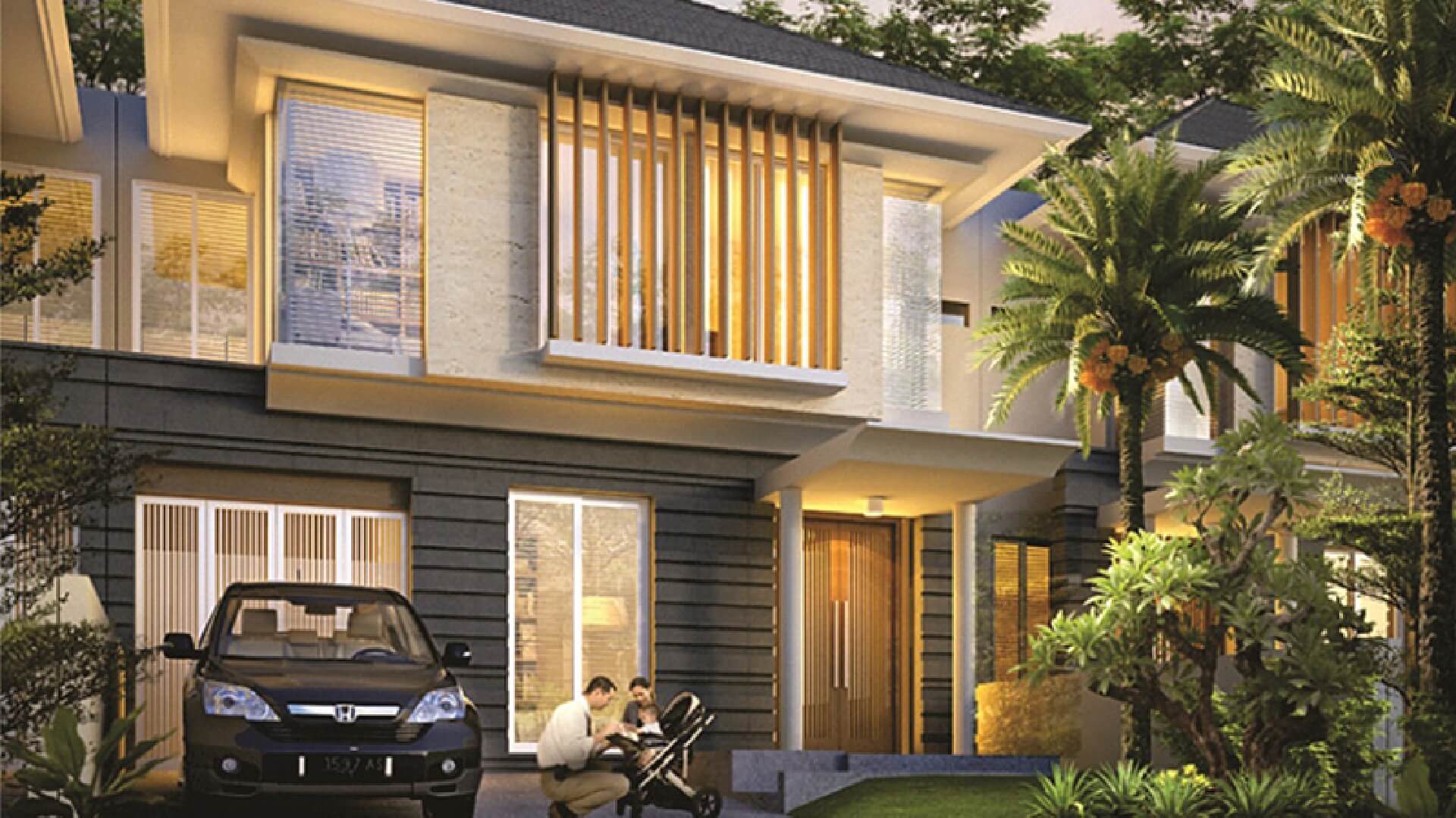 Modern two-story house with wooden slats, front yard, and a parked SUV; a parent with a child in a stroller sits outside in the driveway area.