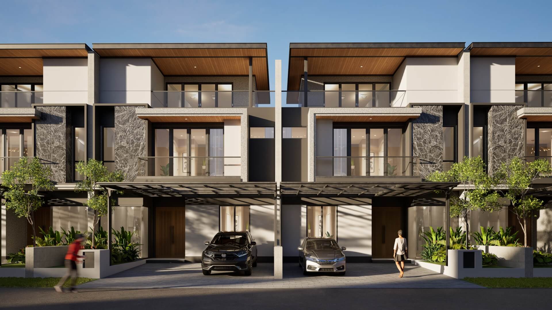 Row of modern two-story townhomes with glass balconies, stone accents, and cars parked in front of each unit.