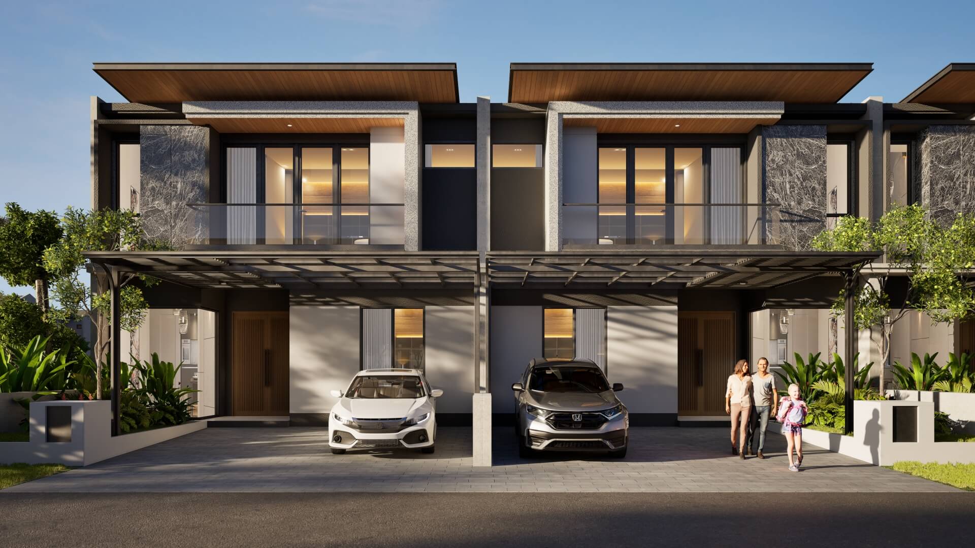 Modern townhouse row with two parked cars, glass balconies, and a family walking on the right side in a landscaped driveway.