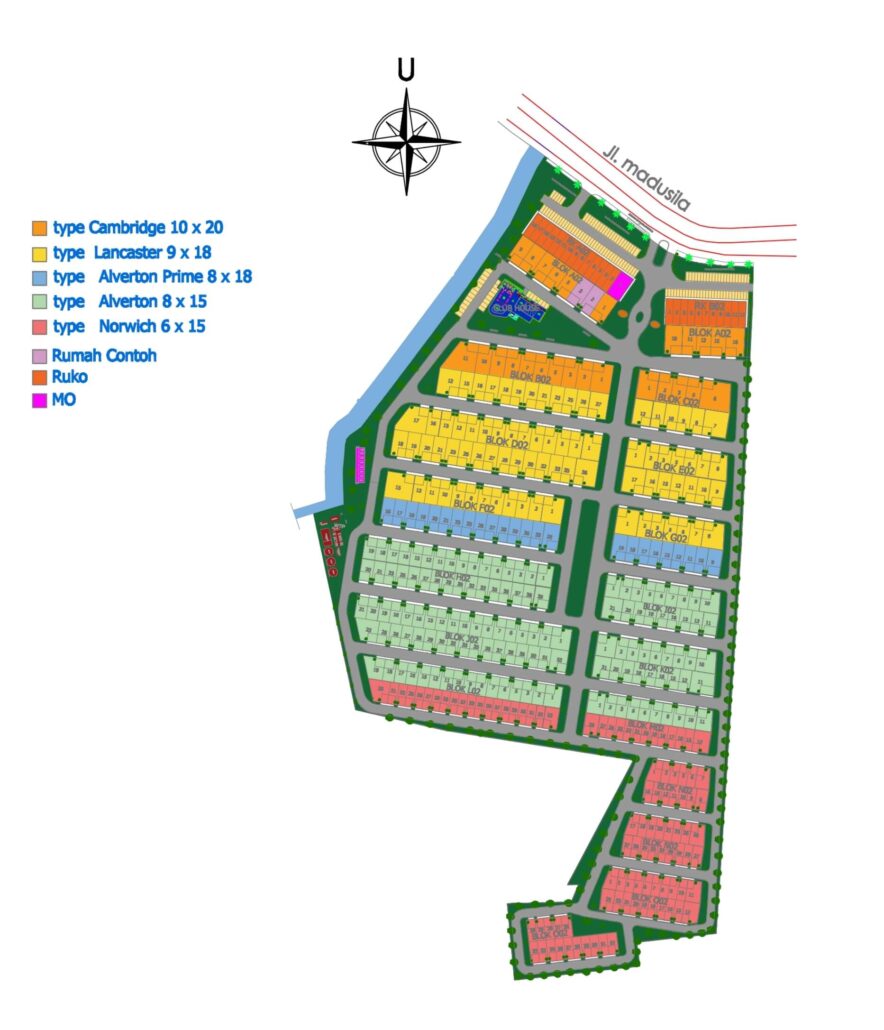 Color-coded site map showing residential blocks and a legend, with a compass rose at the top left.