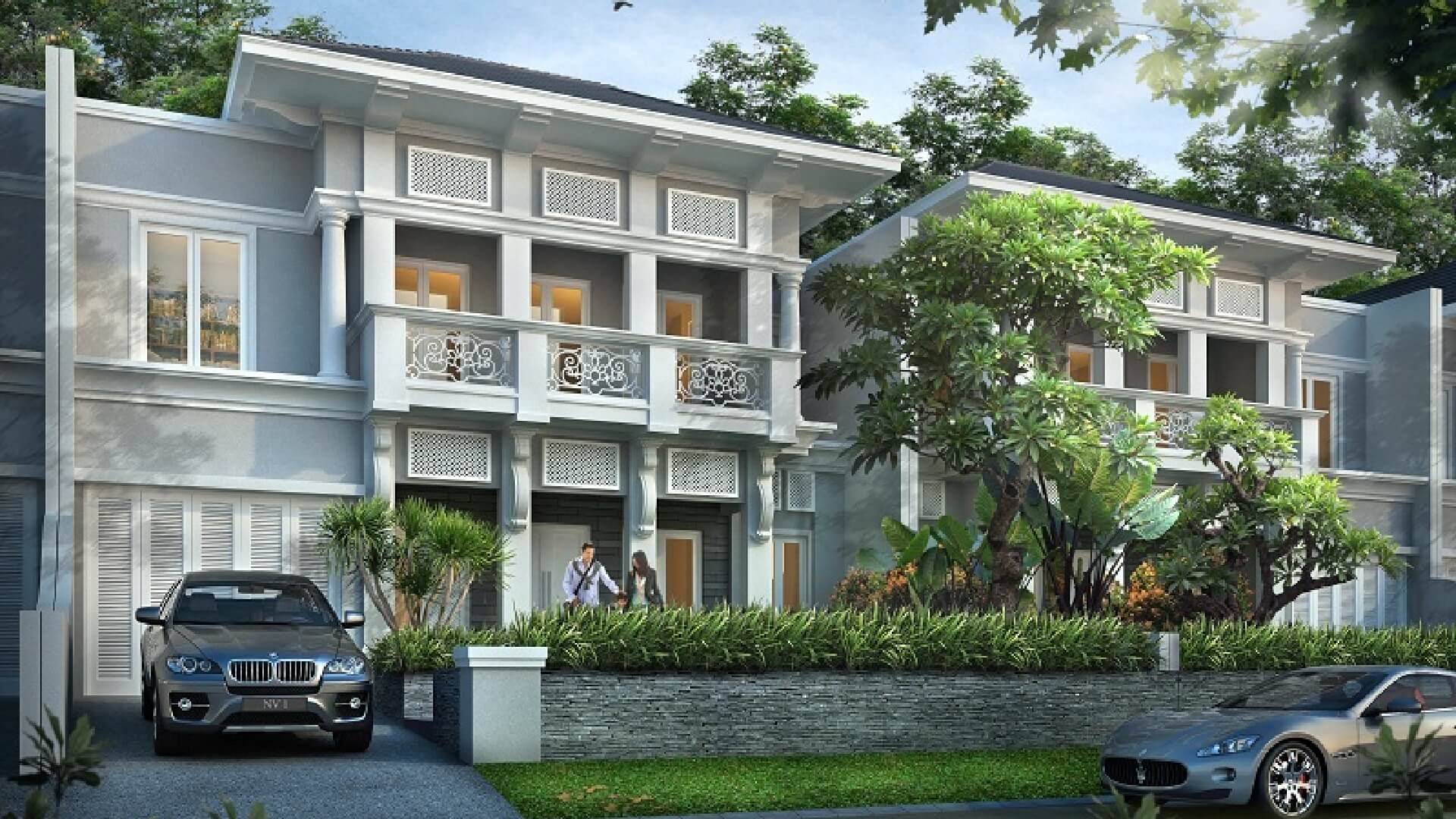 Modern two-story townhouse complex with decorative balconies, columns, and a landscaped front yard, cars parked along the driveway.