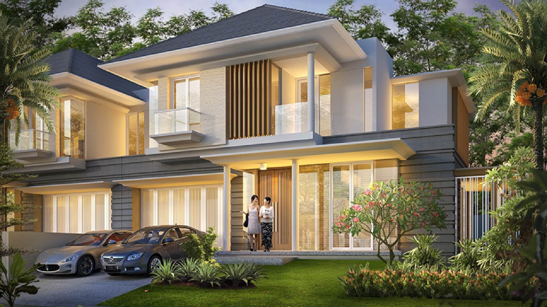 Modern two‑story house with glass balconies, parked cars in the driveway, and two people standing at the front door.