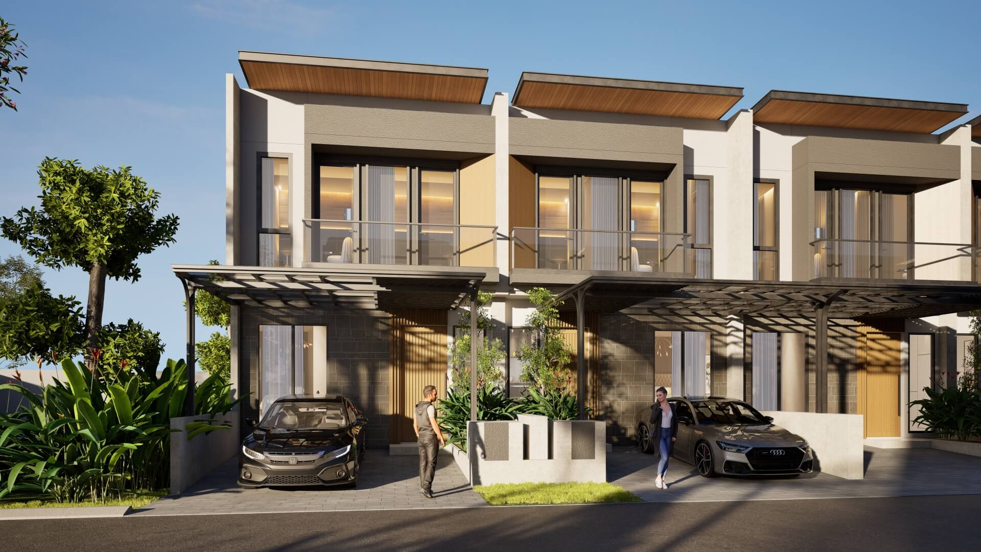 Modern townhouse row with glass-railed balconies, large windows, and beige/wood accents under a blue sky.
