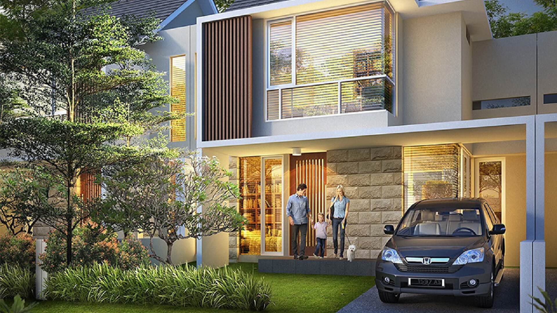 Modern two-story house with stone facade, large windows, wood slats, and a family at the front door beside a parked SUV.