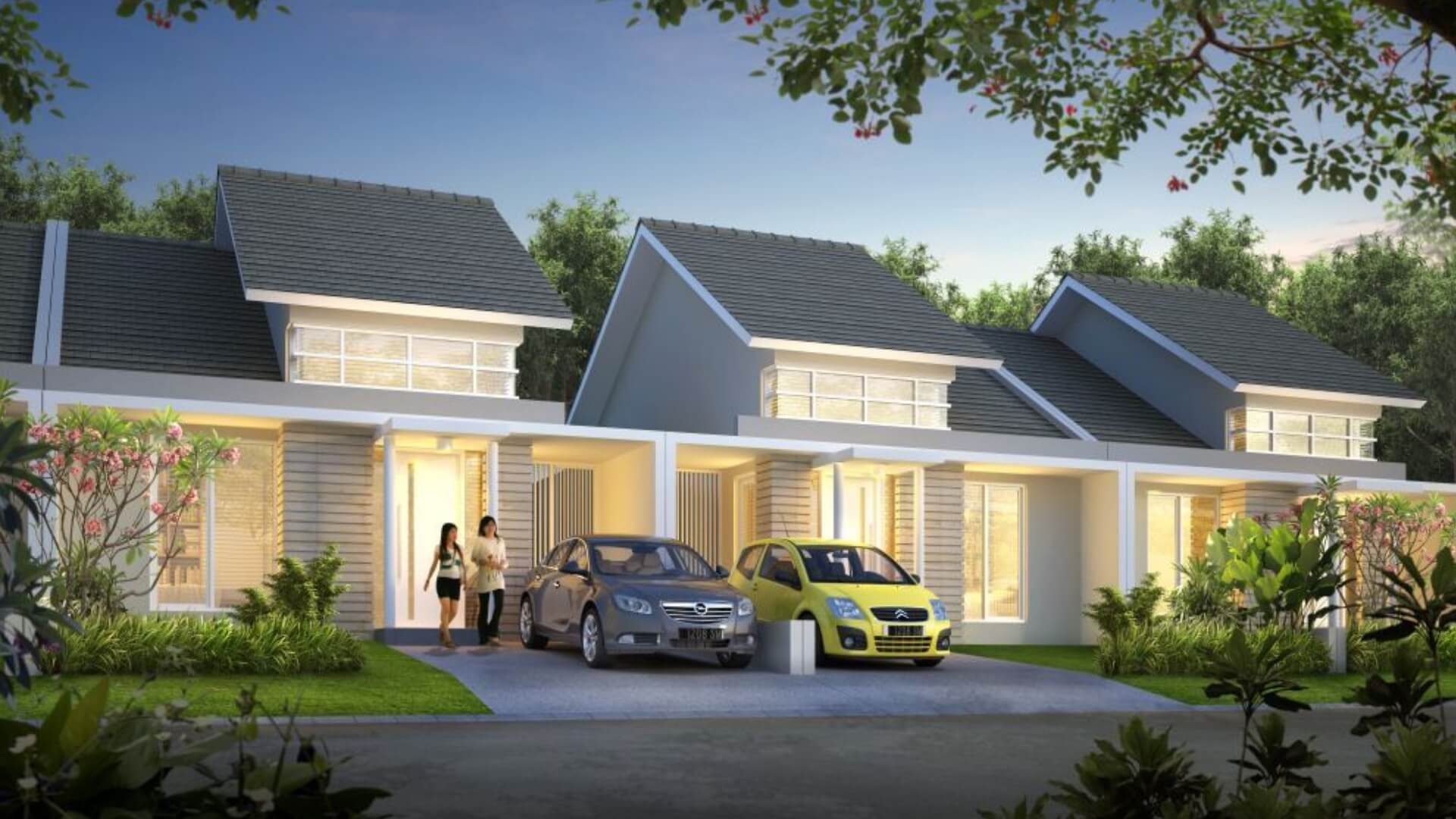 Modern townhouse row with three homes, two cars in driveways, and two people standing at the entrance.
