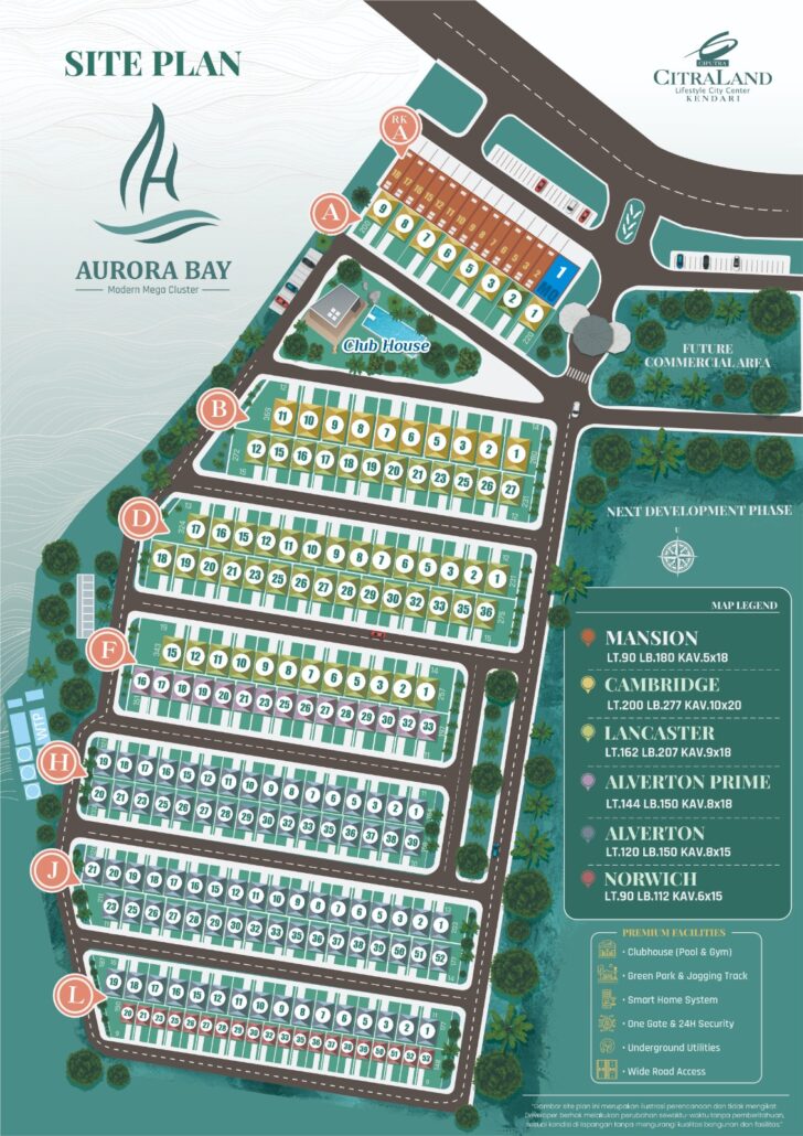 Aerial site plan of Aurora Bay showing numbered plots, road network, Club House, future commercial area, and legend.